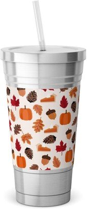 Travel Mugs: Autumn Leaves And Pumpkin Pie - Multi Stainless Tumbler With Straw, 18Oz, Multicolor