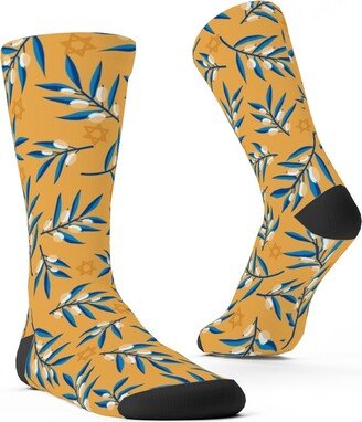 Socks: Olive Branches Hanukkah - Blue On Yellow Custom Socks, Yellow