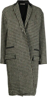 Leather Lapel Houndstooth Midi Coat