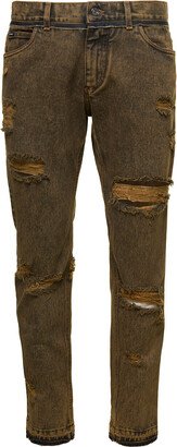 Brown Straight Jeans With Rips In Cotton Denim Man-AA