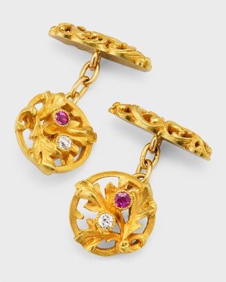 NM Estate Estate Art Nouveau 18K Yellow Gold Diamond Ruby Circular Floral Leaf Cuff Links