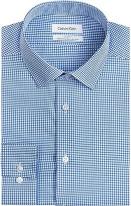 Men's Dress Shirt Slim Fit Non Iron Gingham (Blue) Men's Long Sleeve Button Up