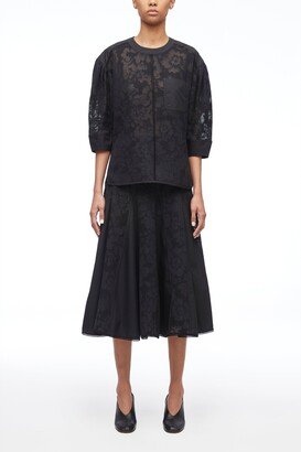 Bonded Lace Godet Midi Skirt in BLACK