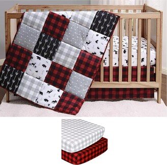 The Buffalo Plaid 5 Piece Baby Nursery Crib Bedding Set, Quilt, Crib Sheets, and Crib Skirt - Black/white/red/grey