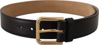 Black Solid Leather Classic Gold Waist Buckle Women's Belt