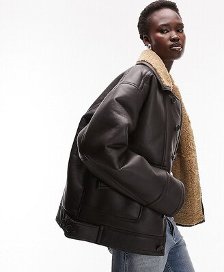 Topshop Tall faux leather shearling oversized car coat with borg lining in brown