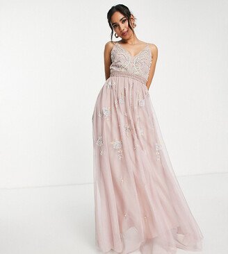 ASOS DESIGN Petite Bridesmaid pearl embellished cami maxi dress with floral embroidery in rose