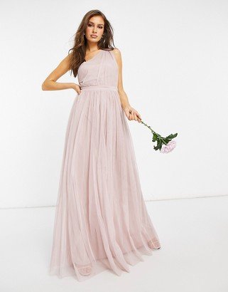 With Love Bridesmaid tulle one shoulder maxi dress in pink