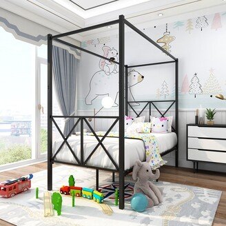 Metal Canopy Bed Frame Platform with X Shaped , Twin Black