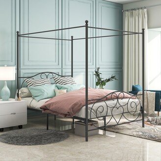 TOSWIN Black Metal Canopy Bed Frame with Vintage Headboard & Footboard, Sturdy Steel Construction, Queen Size