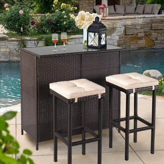 Outdoor 3-Piece Black Brown Wicker Bar Set w/ Storage Shelves