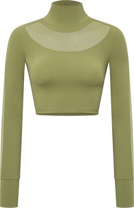 Yes Flâneuse Perla Long Sleeve Front Mesh Panel Crop Top Calliste Green