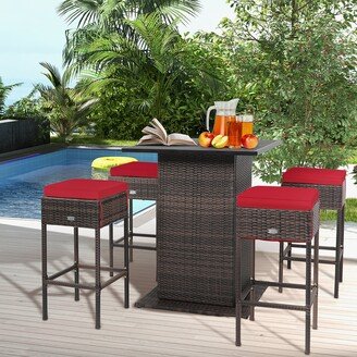 5PCS Patio Bar Set Rattan Bar Furniture Set w/ Table & 4