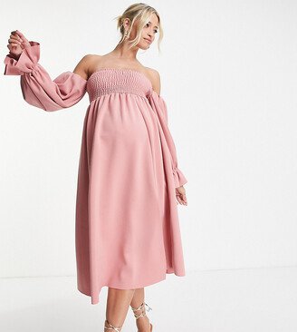 ASOS DESIGN Maternity shirred bust blouson sleeve midi dress in dark pink