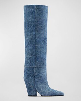 Jane Denim Effect Suede Knee Boots