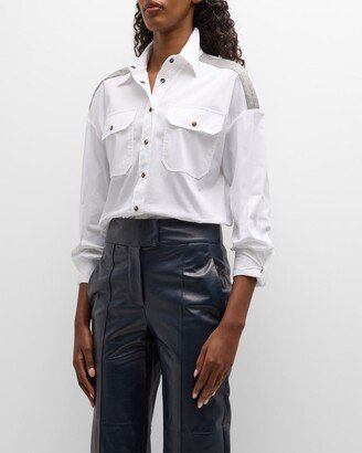 Stretch Poplin Western-Pocket Blouse with Monili Shoulders