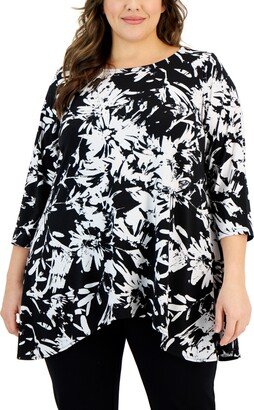 Plus Size Printed 3/4-Sleeve Draped-Hem Top, Created for Macy's