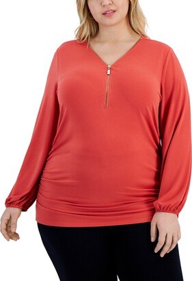 Plus Size Zip-Front Side-Ruched Top, Created for Macy's