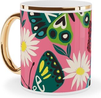 Mugs: Garden Butterfly - Multi Ceramic Mug, Gold Handle, 11Oz, Multicolor