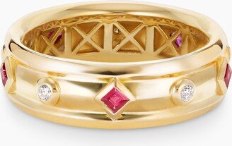 Modern Renaissance Band Ring in 18K Yellow Gold with Rubies and Diamonds Women's Size 7