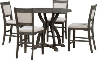 GREATPLANINC 5-Piece Leisure Coffee Table Set with 4 Upholstered Dining Chairs, Trestle Legs Round Table for Dining Room Living Room Bistro