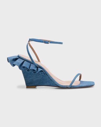 Rouches Denim Ankle-Strap Wedge Sandals