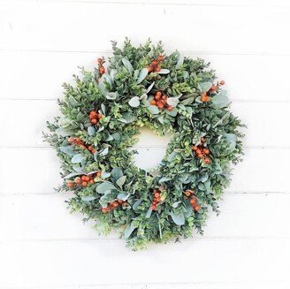 Fall Farmhouse-Greenery Wreath-Autumn Wreath-Farmhouse Decor-Orange Wreath-Frosted Eucalyptus & Lambs Ear Wreath-Wreaths-Outdoor Wreath-Gift