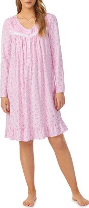 Floral Lace Trim Long Sleeve Cotton Nightgown