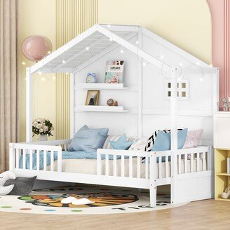 Twin Size House Bed with Storage Shelves and Rails, Wood Kids Montessori Bed Frame with Window and Light Strip on The Roof