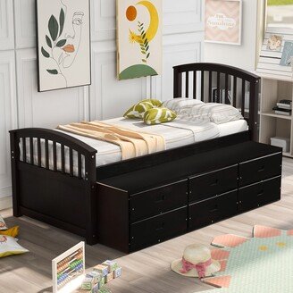 Twin Size Platform Storage Bed Solid Wood Bed with 6 Drawers-AB