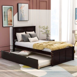 TOSWIN Sturdy and Long-lasting Wooden Platform Bed with Twin Size Trundle, Twin Size Frame, Espresso