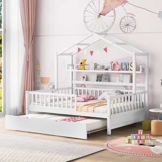 Aoolive Wooden Twin/Full Size House Bed with Trundle, Twin/Full Trundle Bed Frame Platform Bed with Shelf and Roof for Kids, Teens