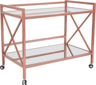 Merrick Lane Rolling Bar Cart Contemporary Kitchen Serving Cart with Mirrored Bottom Shelf and Crisscross Rose Gold Metal Frame