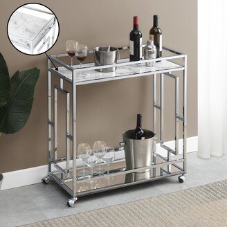 Silver Orchid Abeles Chrome Faux Marble Mirrored Bar Cart with Shelf