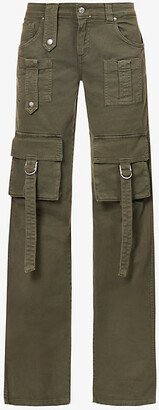 Womens Dark Olive Brand-patch Flap-pocket Mid-rise Straight-leg Denim Cargo Trousers