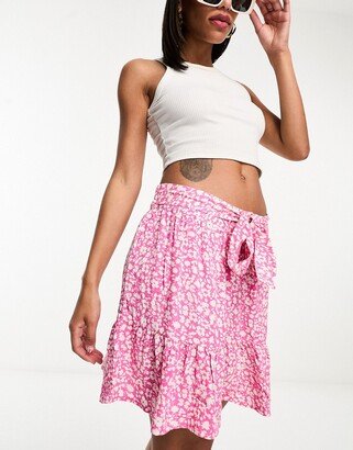 tie waist mini skirt in pink & cream ditsy floral