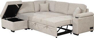 GEROJO 87.4 Convertible L-Shape Sleeper Sofa Bed with 2 in 1 Pull-Out Sofa Bed and Hidden Storage Ottoman, 2 Throw Pillows Included