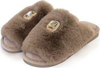 Pretty You Embelished Faux Fur Slider Slipper Fifi In Truffle