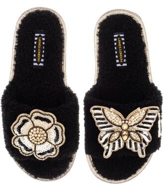 Laines London Teddy Towelling Slipper Sliders With Butterfly & Flower Brooches - Black