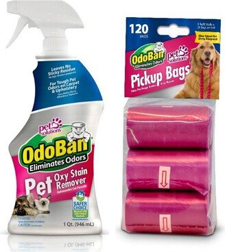 OdoBan Pet Solutions Oxy Stain Remover, 32 fl oz Spray, and Dog Waste Pickup Bags, 120 Count