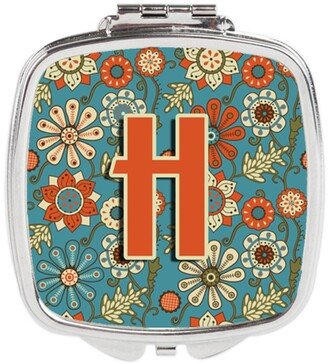 CJ2012-HSCM Letter H Flowers Retro Blue Compact Mirror