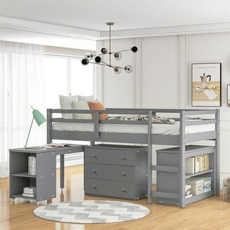 Twin Size Low Loft Bed with Cabinet and Rolling Portable Desk