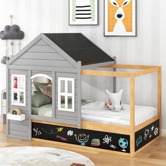 EYIW Twin Size House Bed with Black Roof and White Window, Canopy Bed with Blackboard and Little Shelf