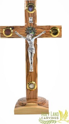 23 cm | 9 Inch Standing Crucifix - Holy Land Cross On Stand Made Of Olive Wood 4 Glasses With Relics & Mother Pearl Star