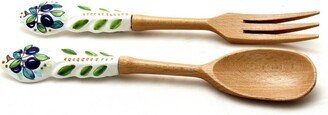 Utensil Set Olive Wood With Hand Painted Ceramic Handle | Pair Set