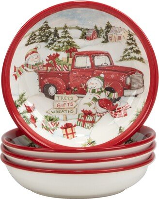 Red Truck Snowman 4 Piece Soup Bowl Set