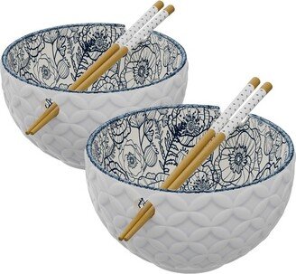 Stoneware Ramen Bowl with Chopsticks, Set of 2, Udon Noodle Bowls, Soup Bowl for Kitchen, 6 D 21 Oz, Blue Floral Print
