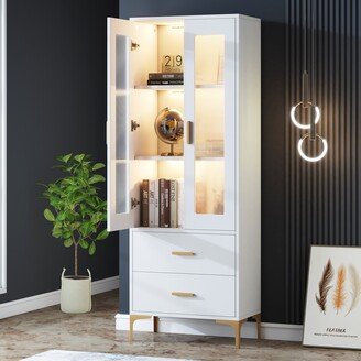 Farfarview Bookcase with Doors and LED Light, White Bookshelf with Frosted Doors and 2 Drawers