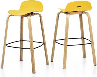 Set of 2 Counter Height Bar Stools w/Footrest&Solid Metal Legs Yellow Low Back