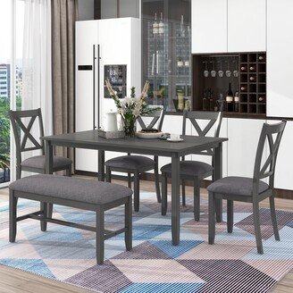 GEROJO 6-Piece Wooden Dining Table Set with 4 Fabric Chairs and Bench, Seats for 6